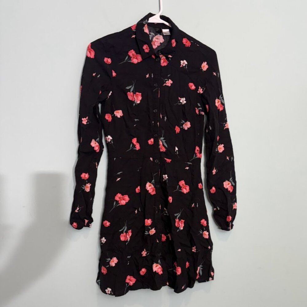 Black and pink Floral Shirt Dress Long Sleeve size 2